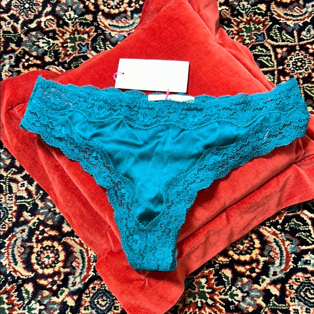 Stella McCartney NWT Dark Emerald Teal silk and lace thong panty M